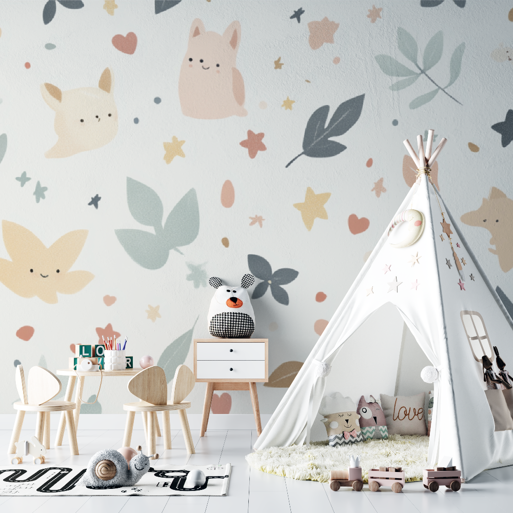 Children's Wallpaper - Little Creatures and Soft Leaves