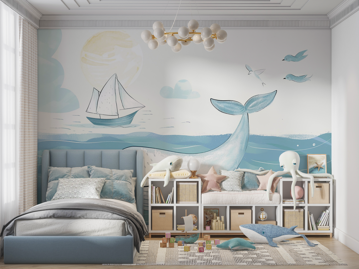 Children's Wallpaper - Smiling Whale and Sailboat