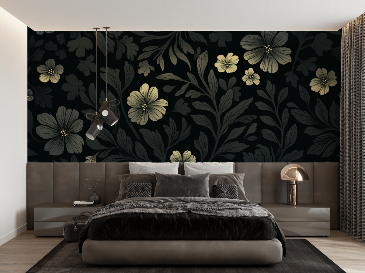 Florale Tapete - Kleine weiße Blumen und dunkelgraue Blätter