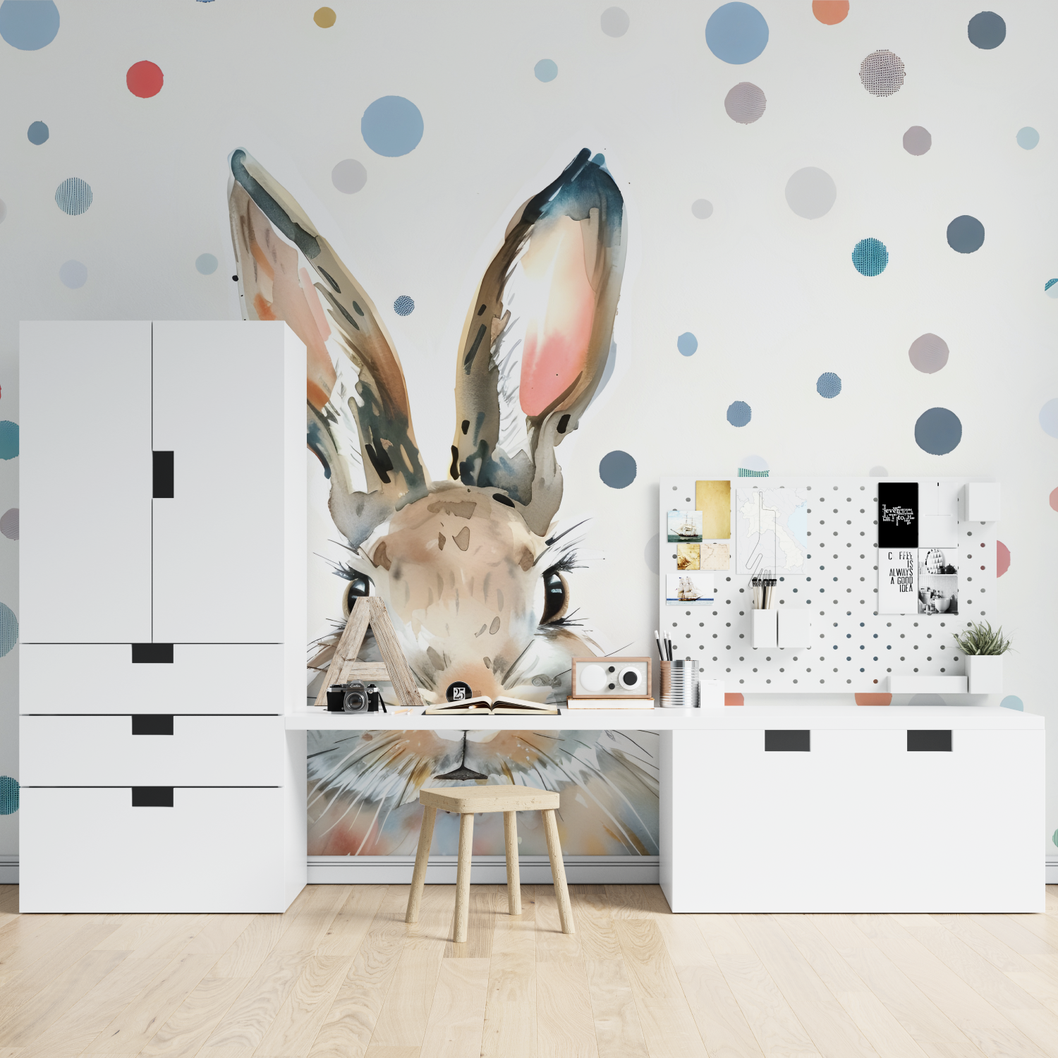 Children's Wallpaper - Rabbit and Colorful Polka Dots