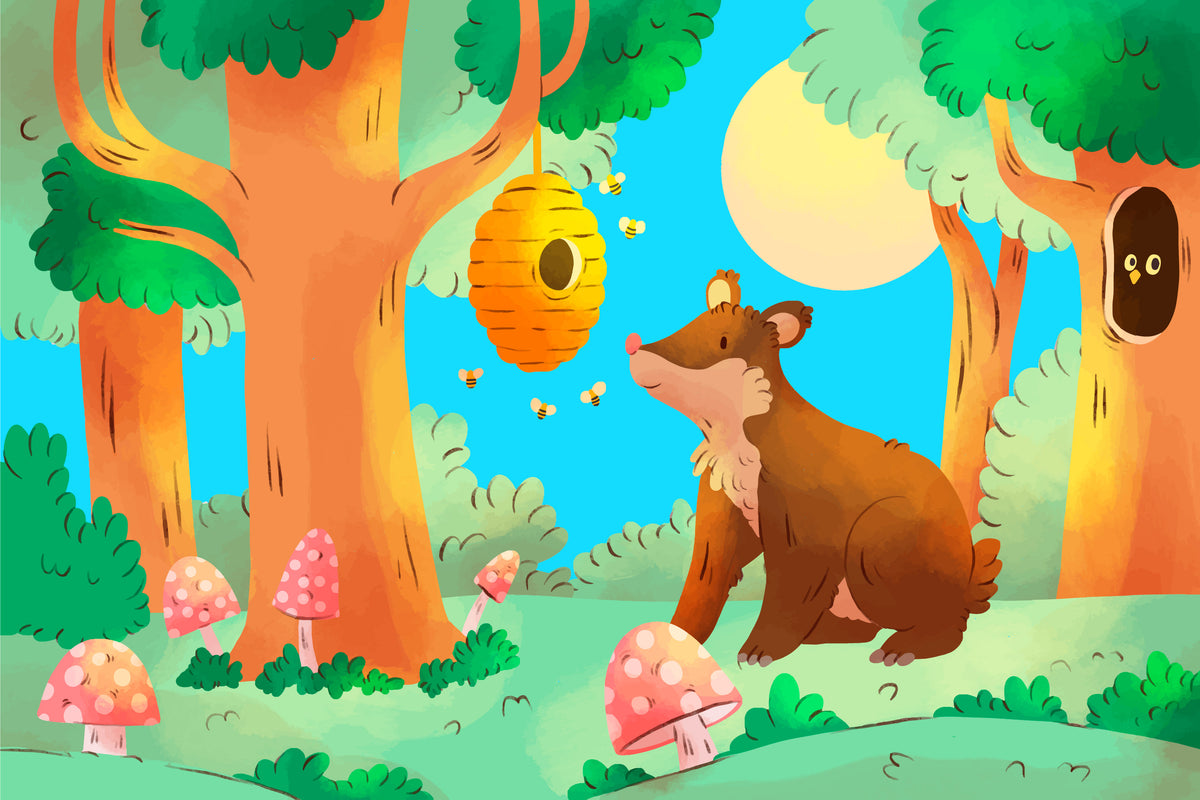 Papier peint enfant - Ours sous un arbre avec une ruche
