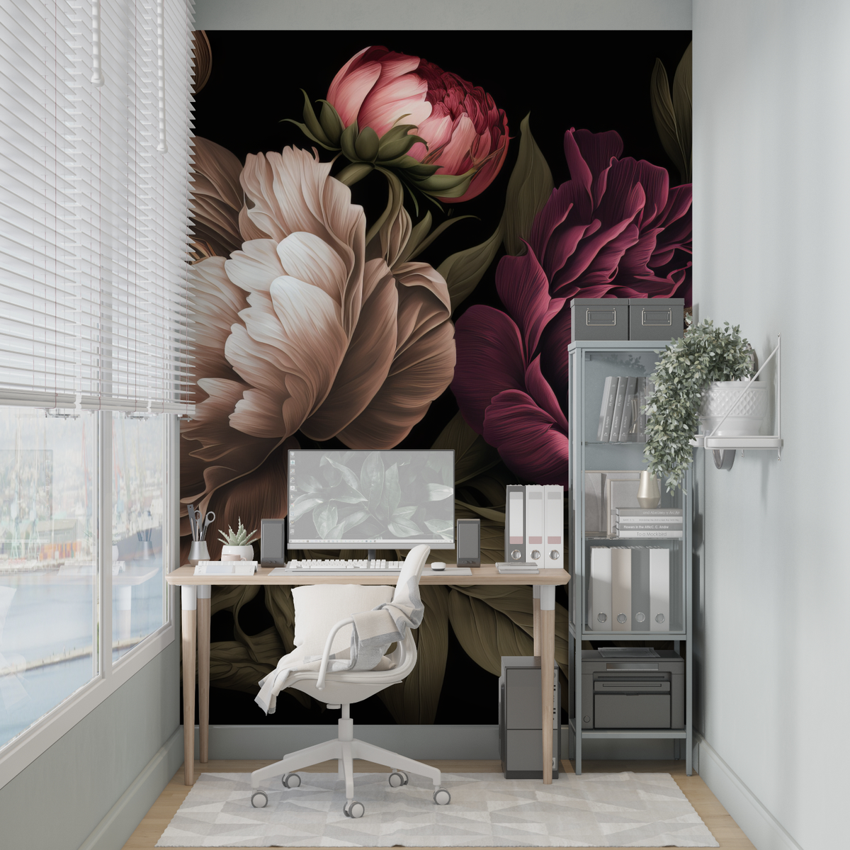 Florale Tapete - Große rosa und purpurfarbene Blumen auf schwarzem Grund