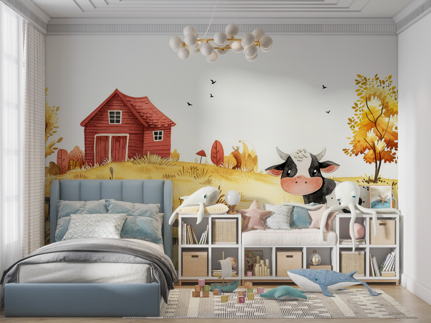 Retro Wallpaper - Red and Green Bucolic Farmhouse