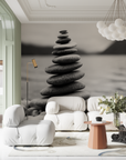 Papier Peint Japonais - Pyramide de Galets Zen Noir et Blanc