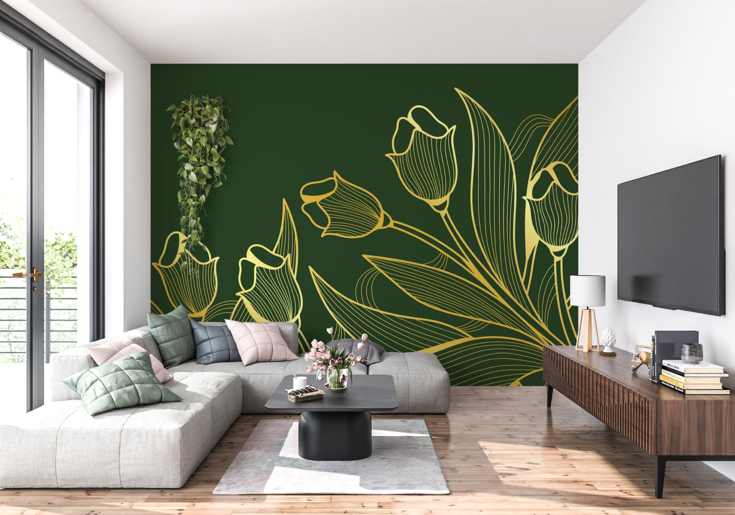 Floral Wallpaper - Golden Tulips on Green Background