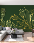Floral Wallpaper - Golden Tulips on Green Background