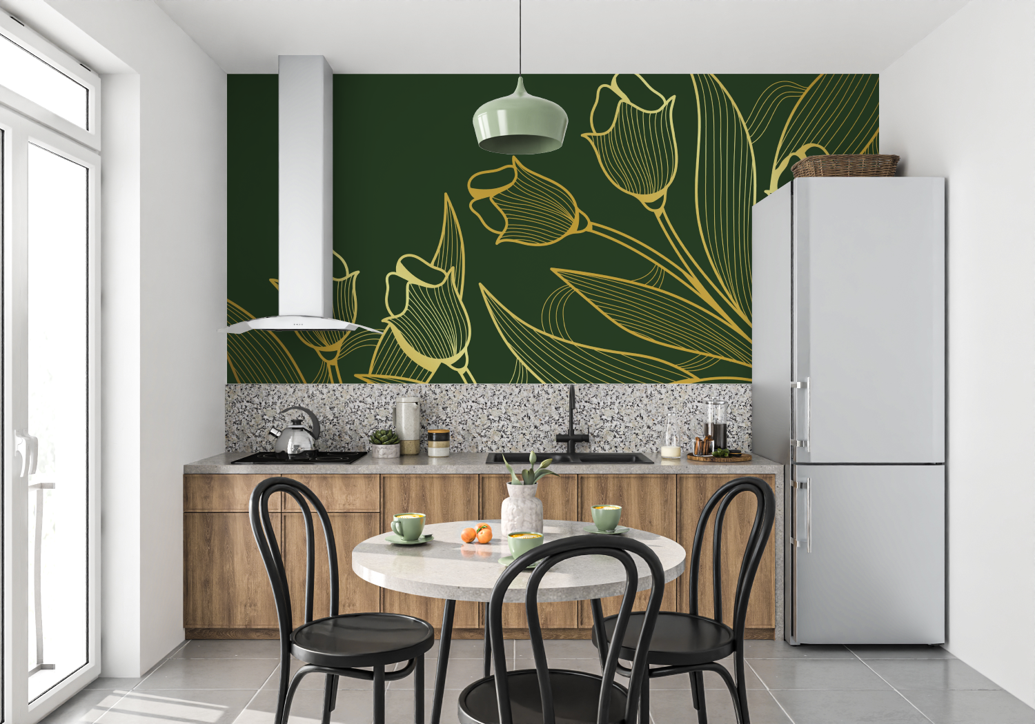 Floral Wallpaper - Golden Tulips on Green Background