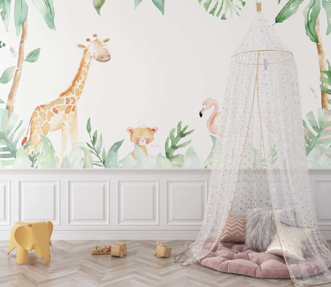 Children's Wallpaper - Sweet Safari with Giraffe and Flamingos