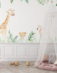 Papier Peint Enfant – Doux Safari avec Girafe et Flamants Roses