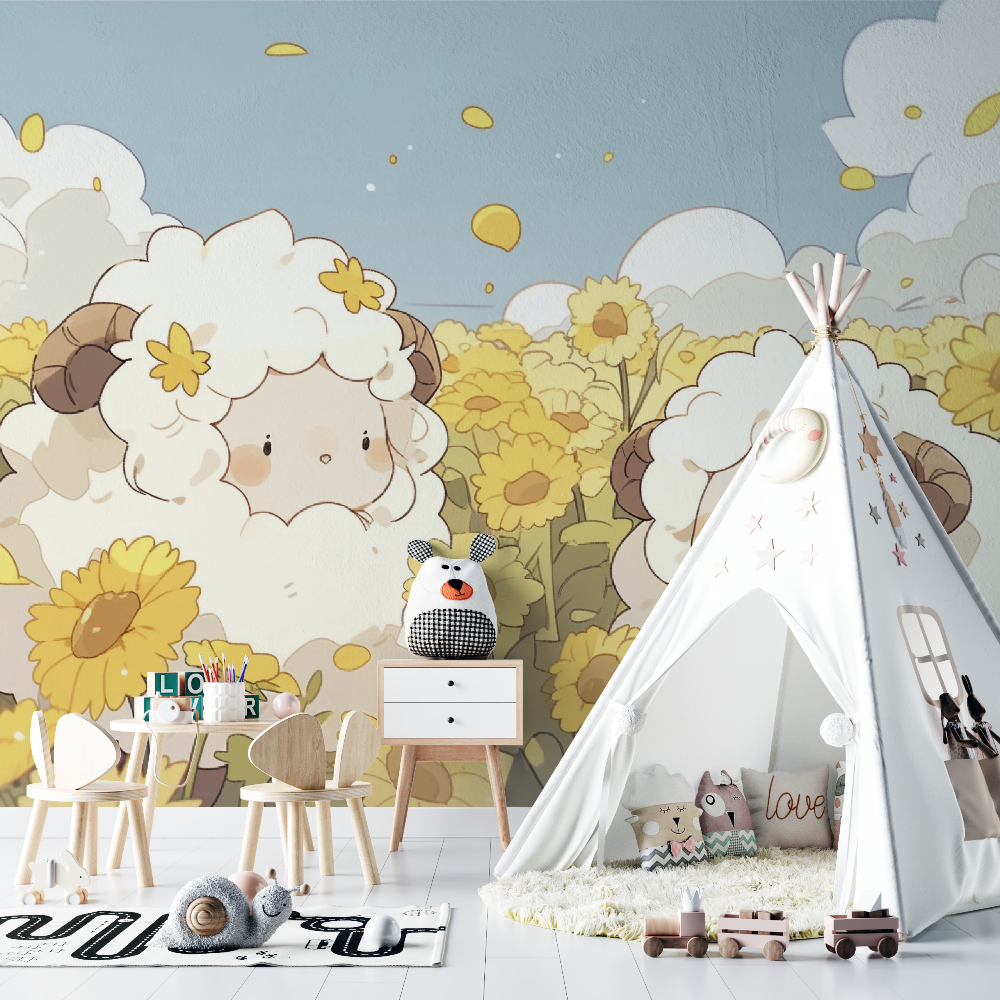Children's Wallpaper – Cozy Sheep in a Sunflower Field