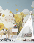 Papier Peint Enfant – Moutons Douillets dans un Champ de Tournesols
