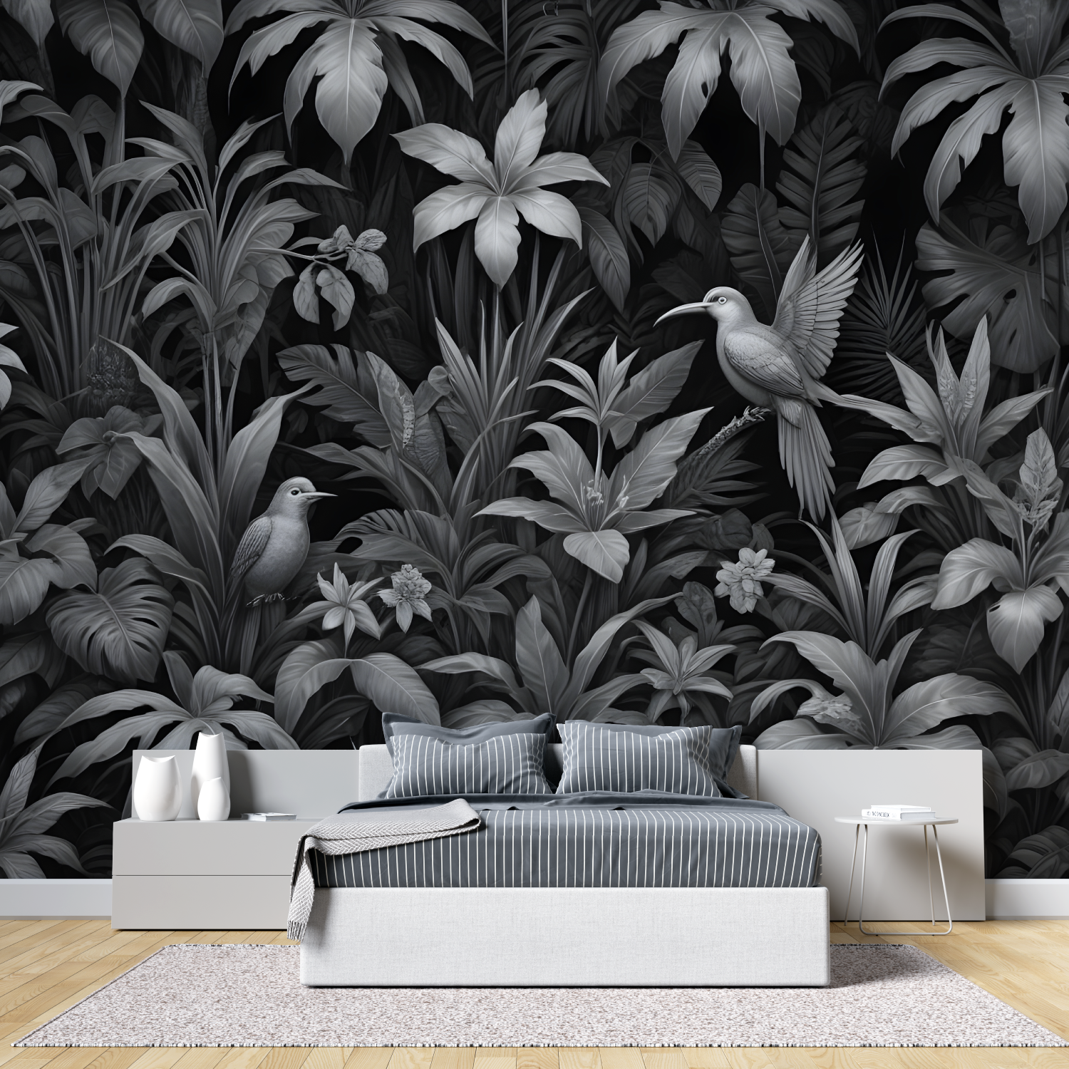 Papier Peint Tropical - Jungle Sombre et Oiseaux Exotiques