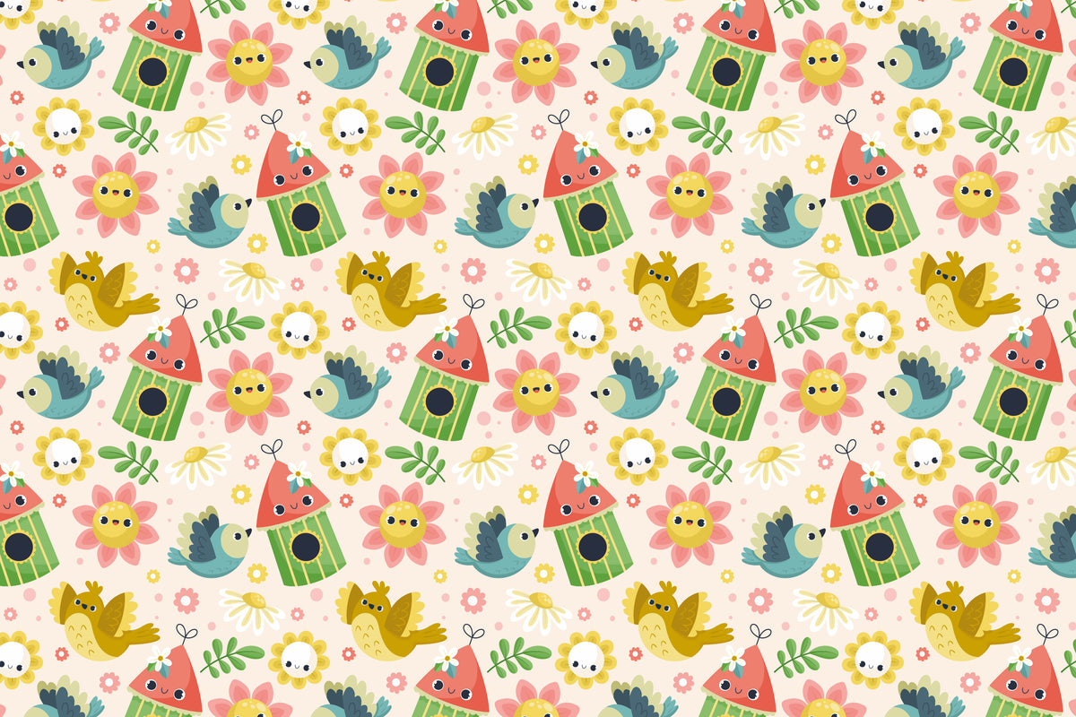 Papier peint enfant - Motifs oiseaux et fleurs