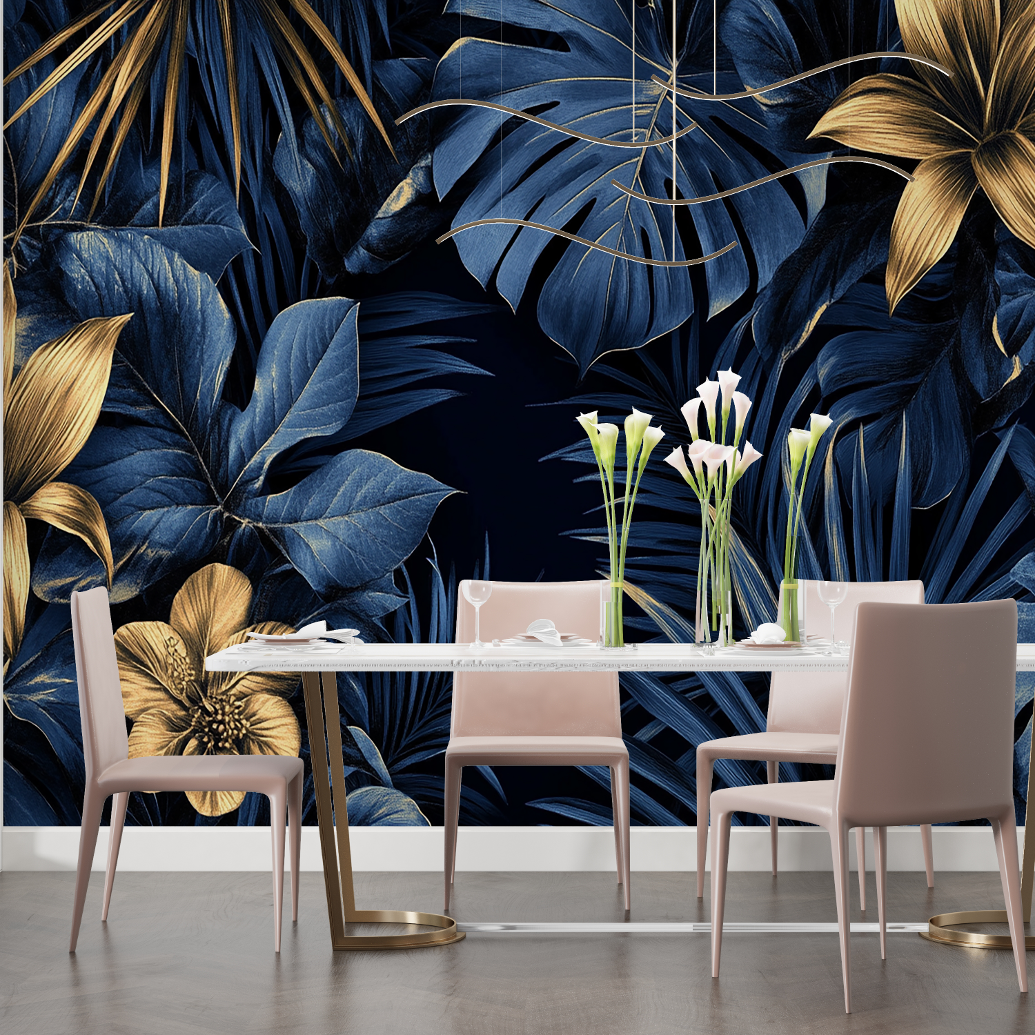Papier Peint Tropical - Fleurs de Lys Or sur Fond Bleu Nuit