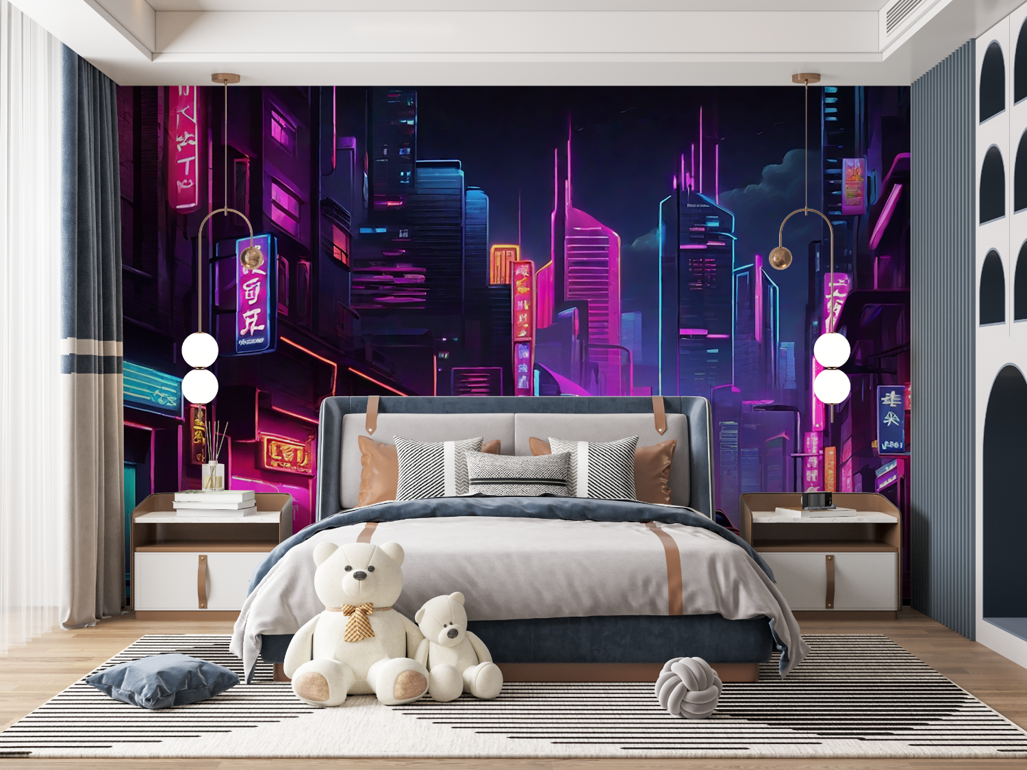 Papier Peint Gaming - Ville Cyberpunk et Lumières Néon