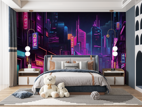 Papier Peint Gaming - Ville Cyberpunk et Lumières Néon