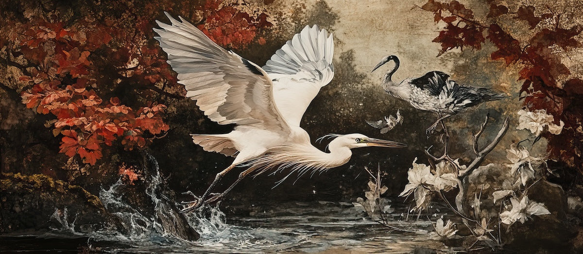 Papier peint animaux - aigrettes blanches au bord de l'eau style estampe