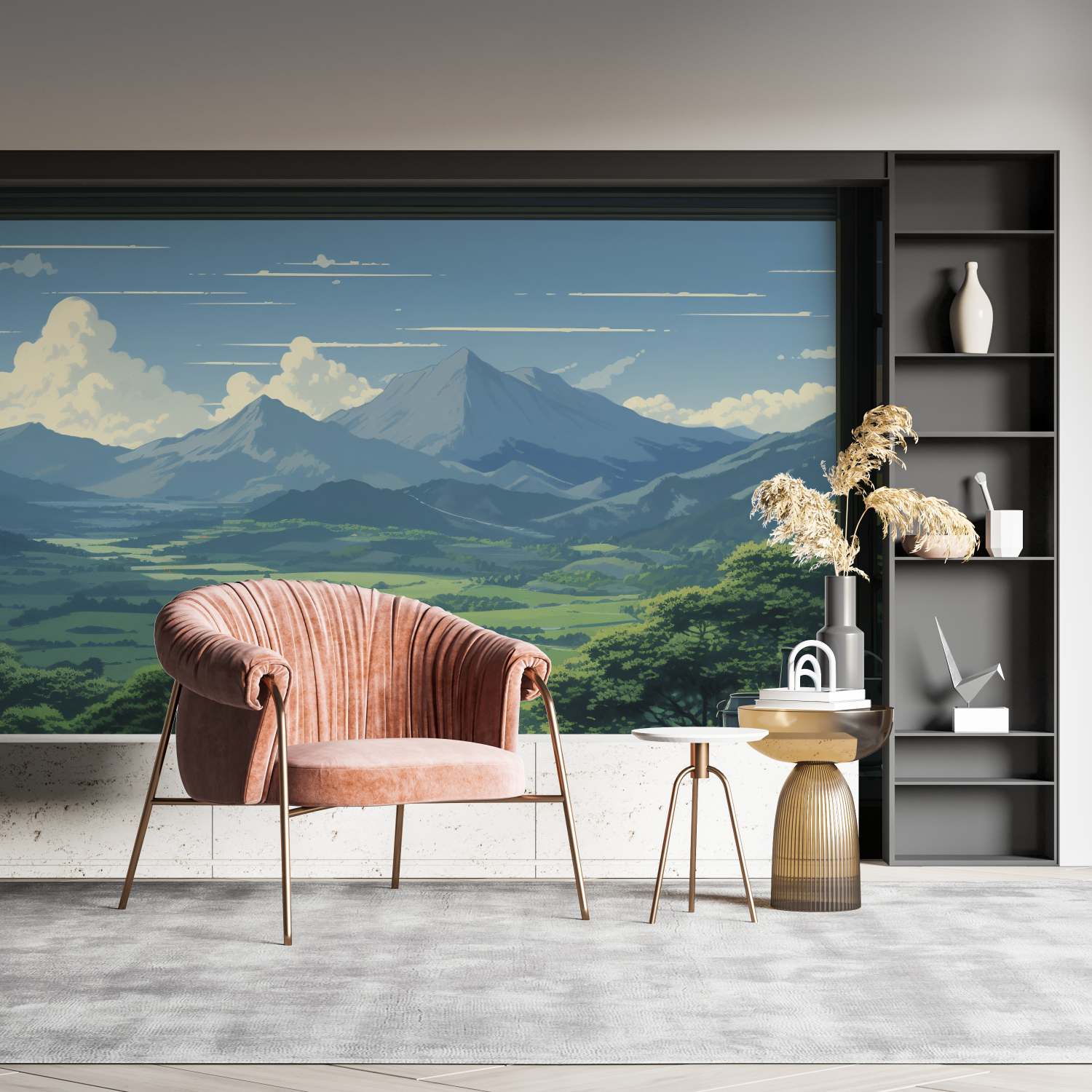 Papier Peint Paysage - Fenêtre Ouverte sur les Montagnes Vertes