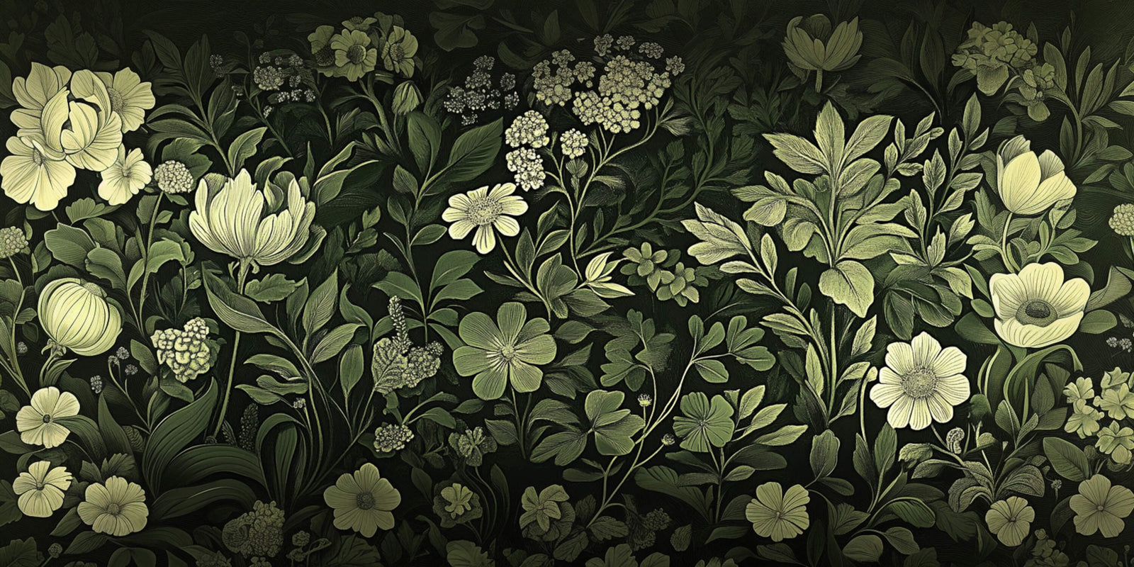 Floral Wallpaper - Olive Green Night Flower Garden