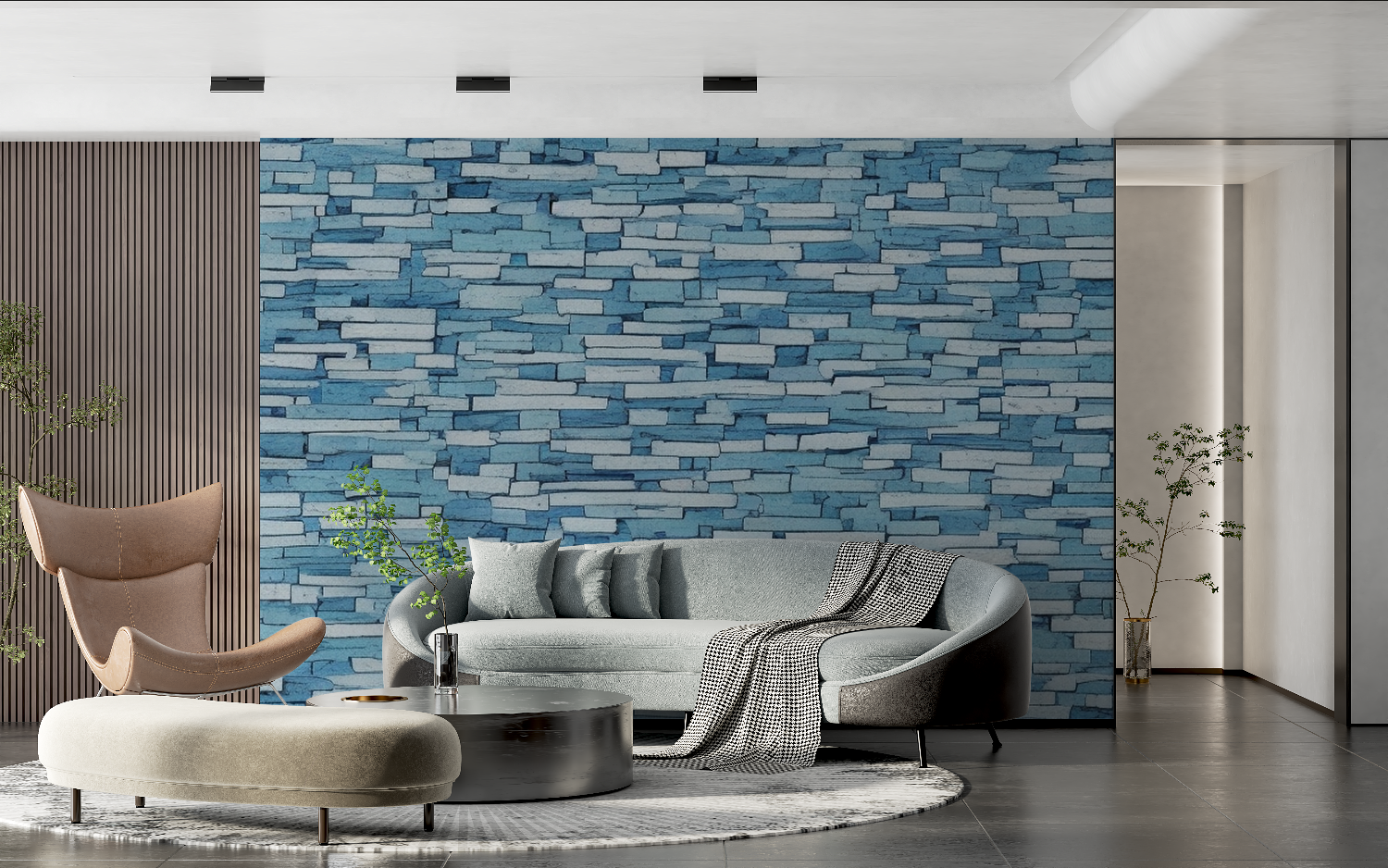 Papier Peint Pierre - Mur de Briques Bleues Pastel
