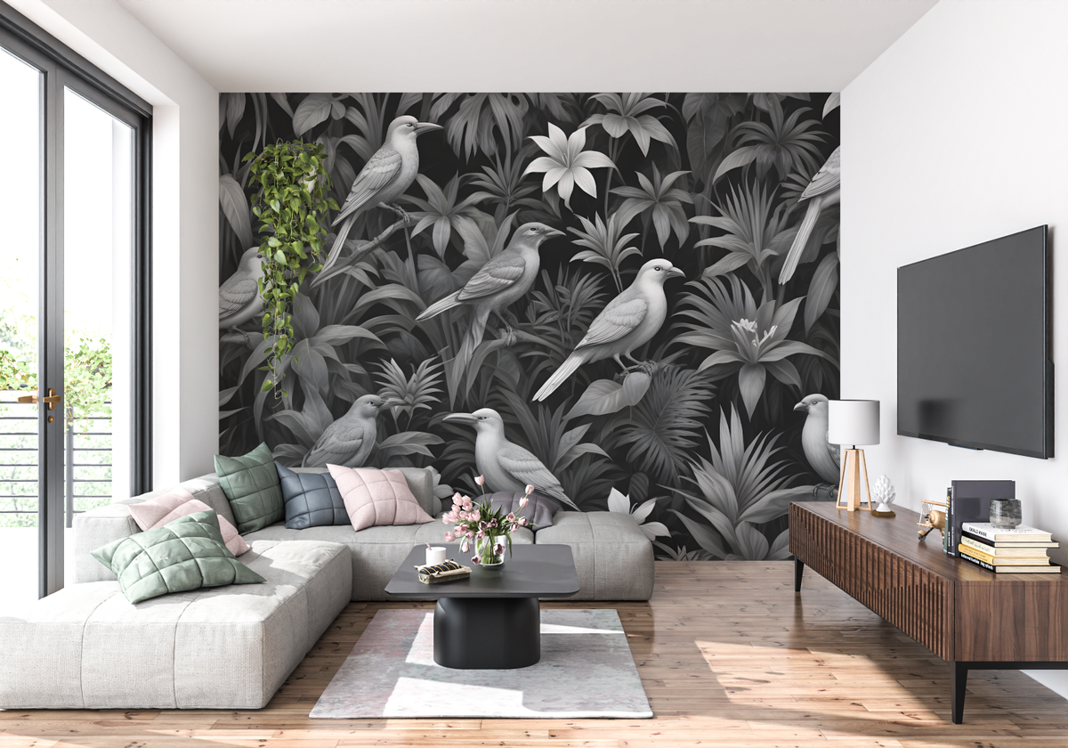 Carta da parati floreale - Uccelli e fiori in bianco e nero