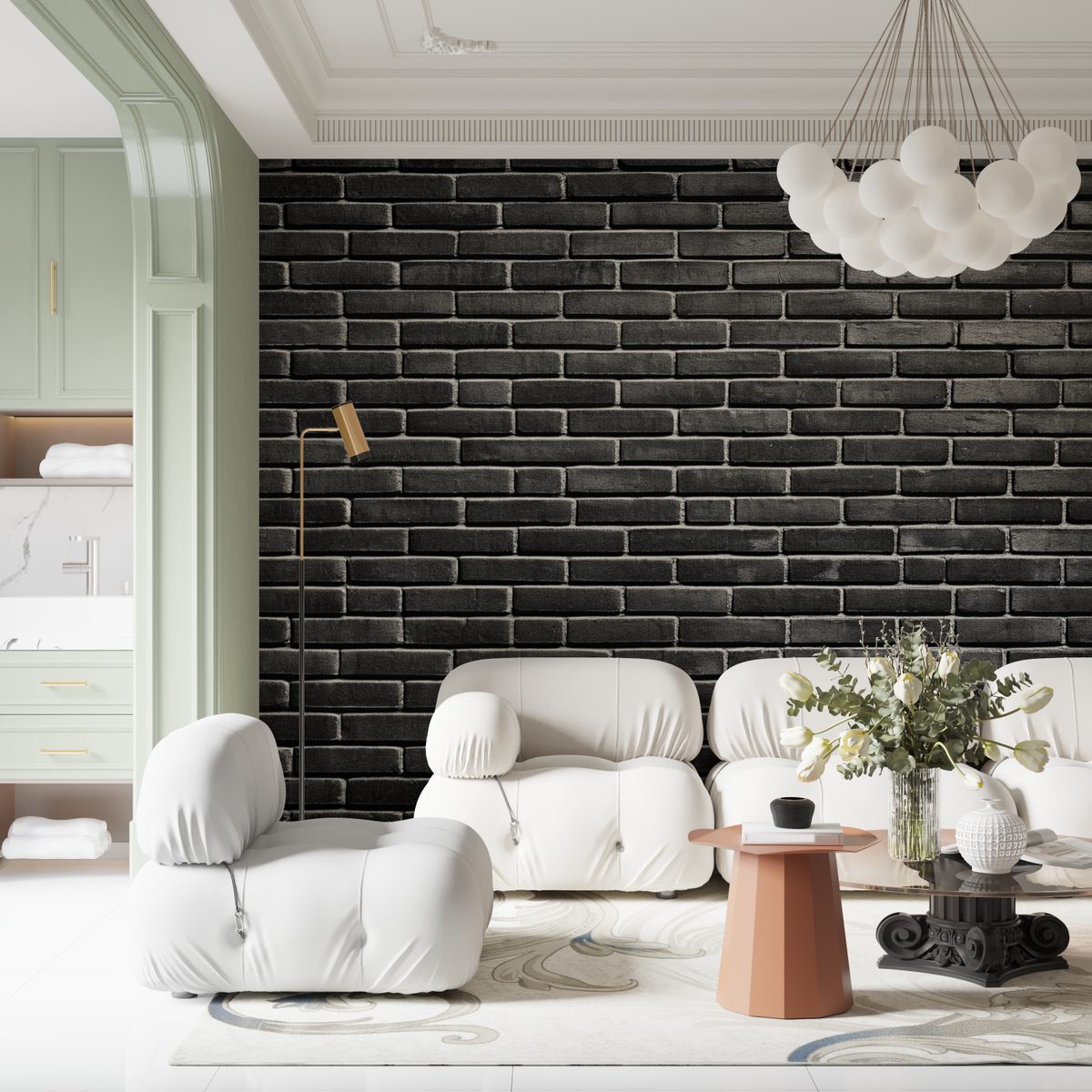 Brick-effect behang - Zwarte matte bakstenenmuur