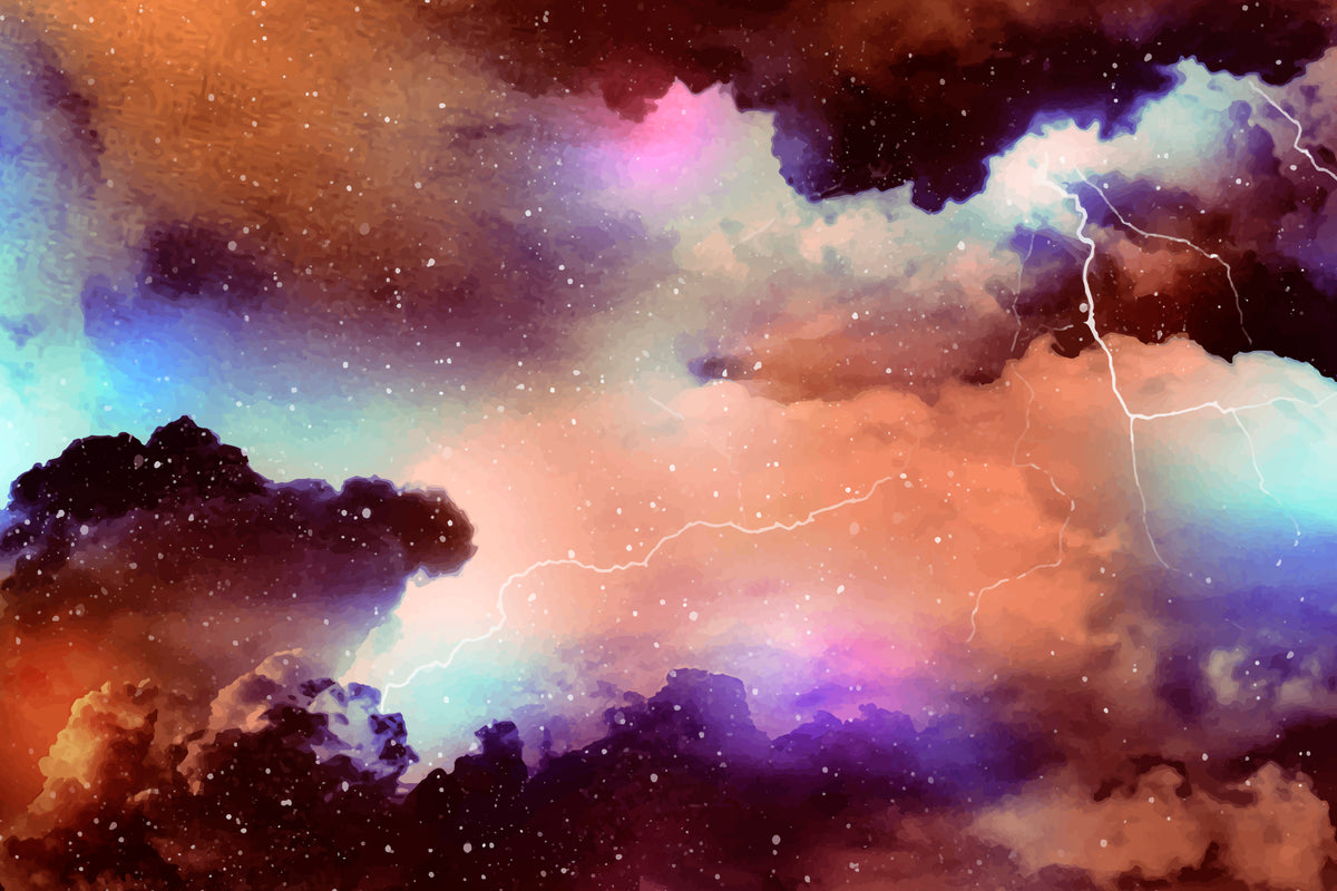 Raum-Tapete - Bunte Wolken und Blitze am Himmel
