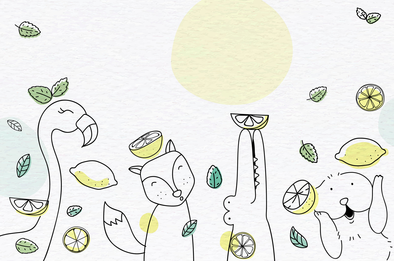 Papier peint Enfant – Animaux dessinés et citrons frais