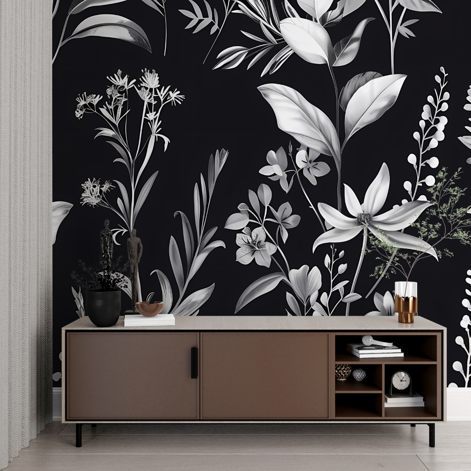 Papier Peint Floral - Jardin Sauvage Noir et Blanc