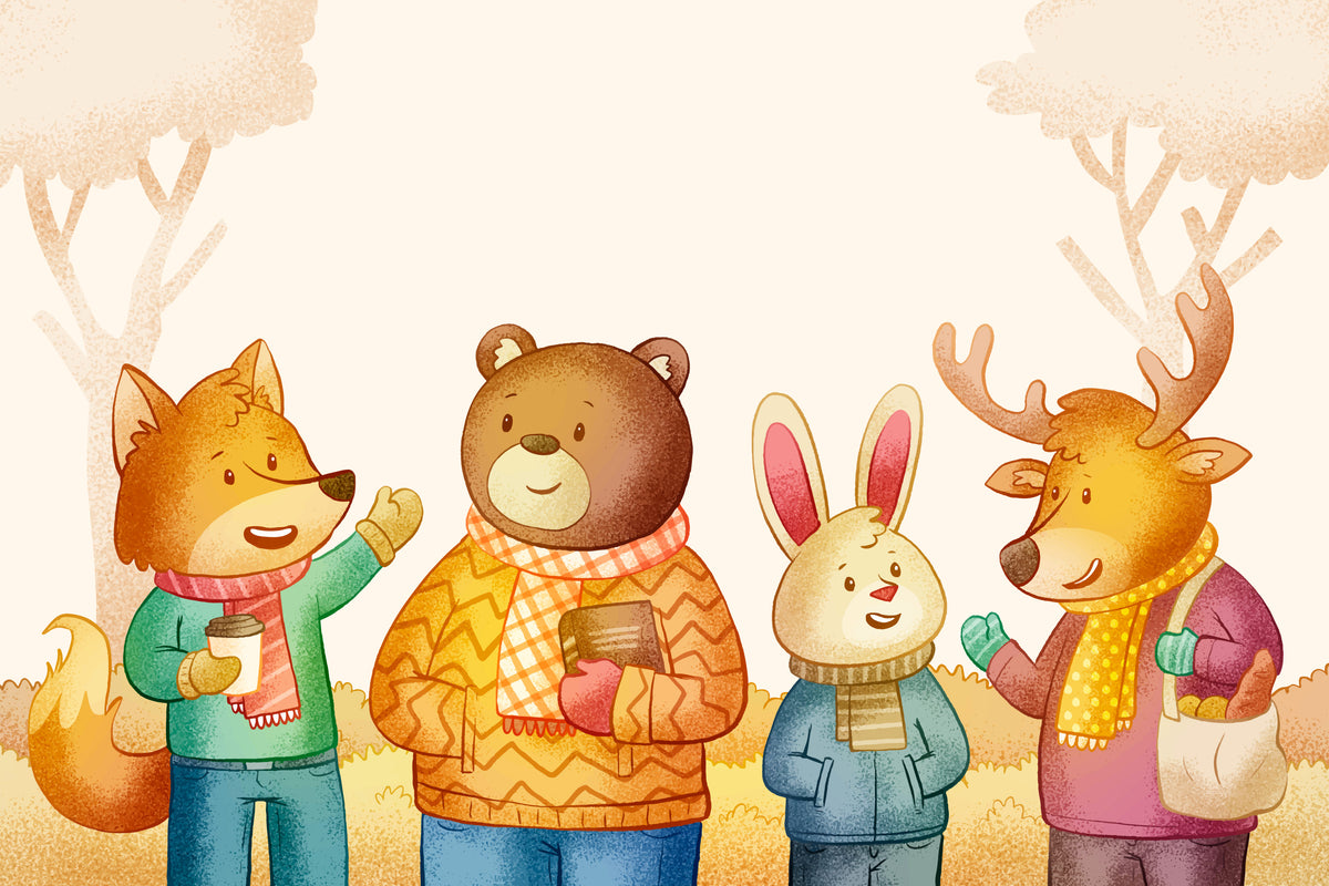Papier peint enfant - Ours, renard, lapin et cerf à l'école