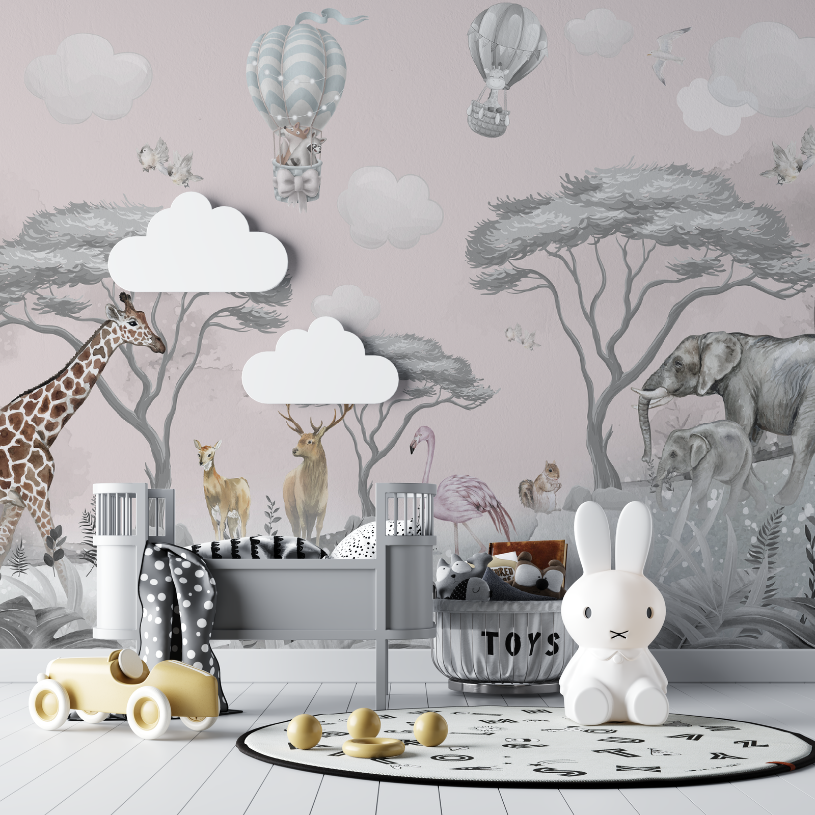 Children's Wallpaper - Pastel Safari and Hot Air Balloons