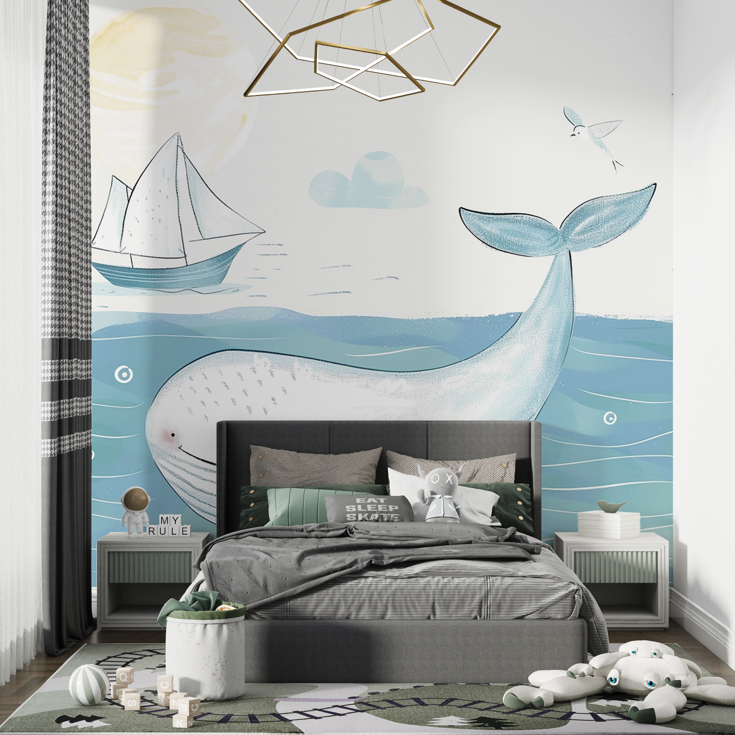 Children's Wallpaper - Smiling Whale and Sailboat