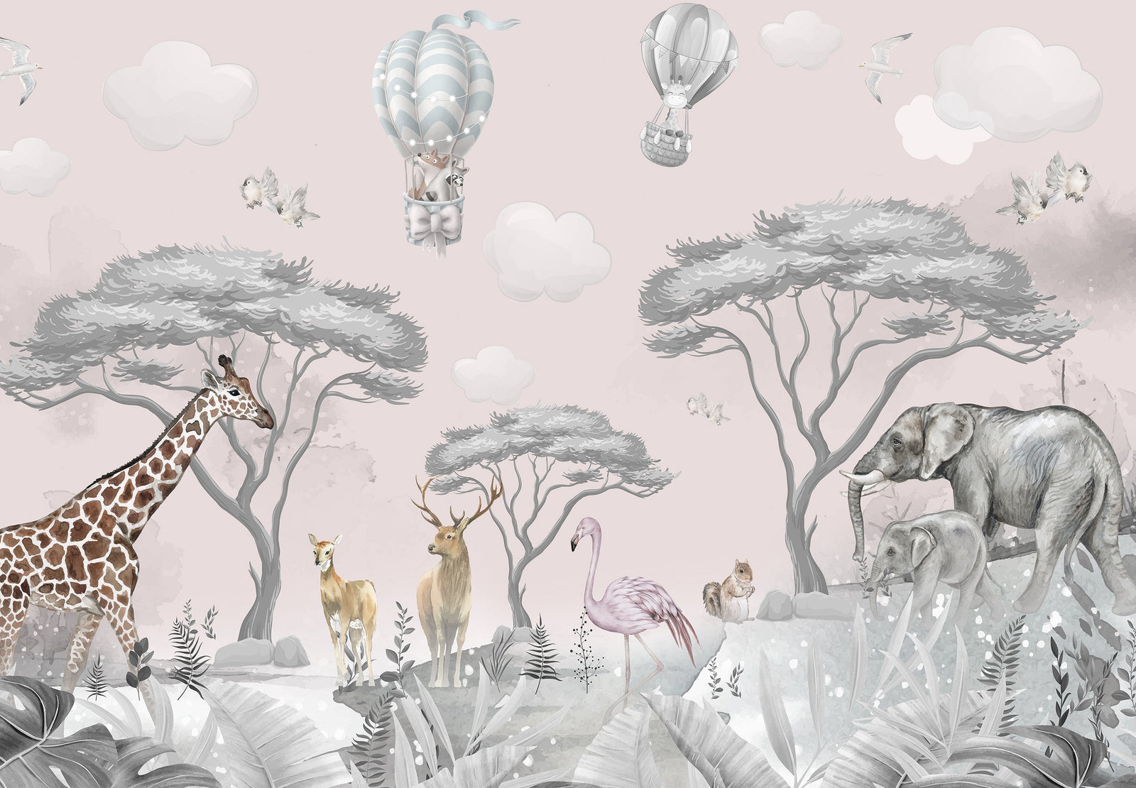 Children's Wallpaper - Pastel Safari and Hot Air Balloons