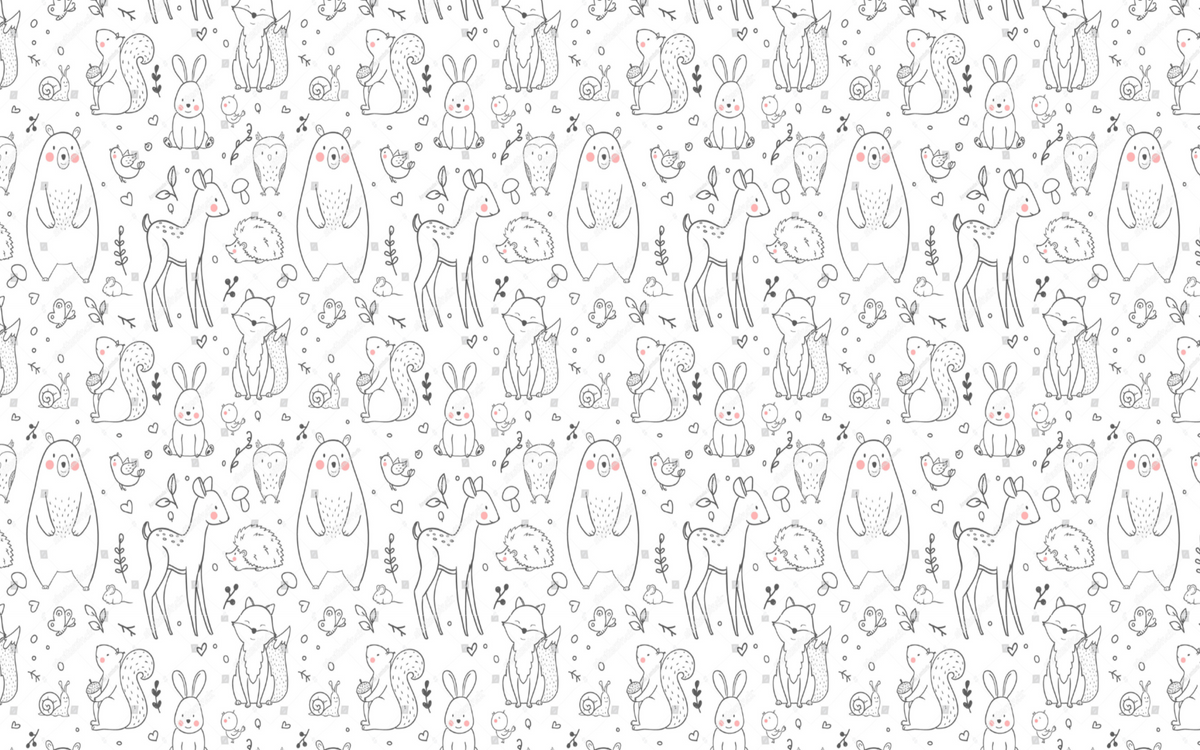 Papier peint enfant - Petits animaux dessinés en noir et blanc