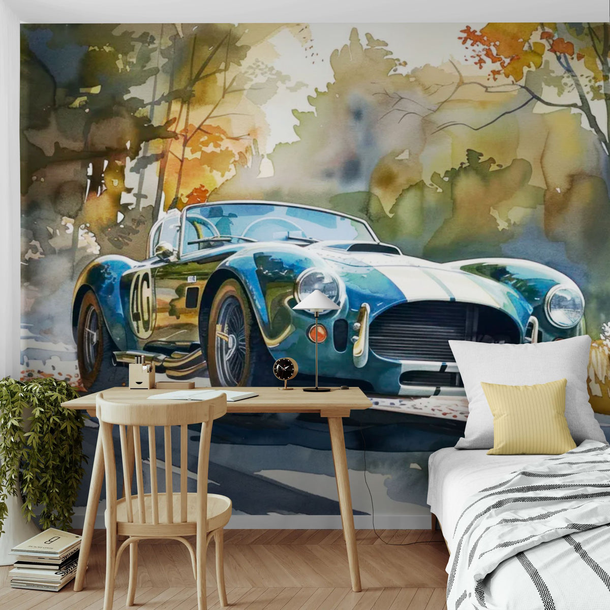 Papier peint voiture - Cabriolet bleu en forêt