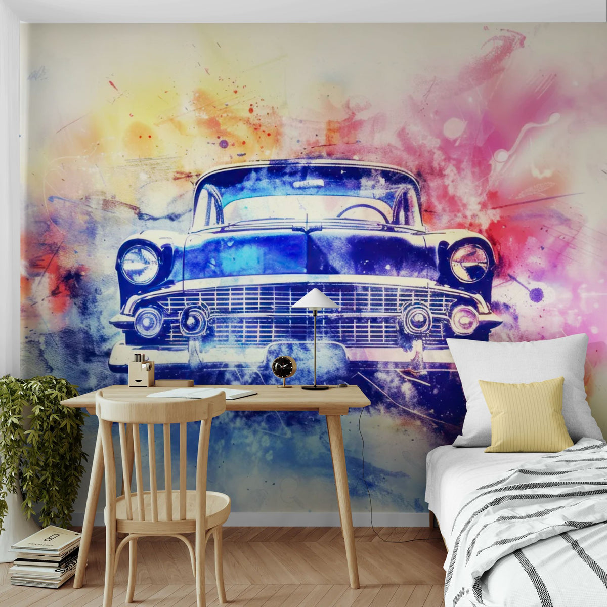 Papier peint voiture - Américaine bleue et couleurs vives