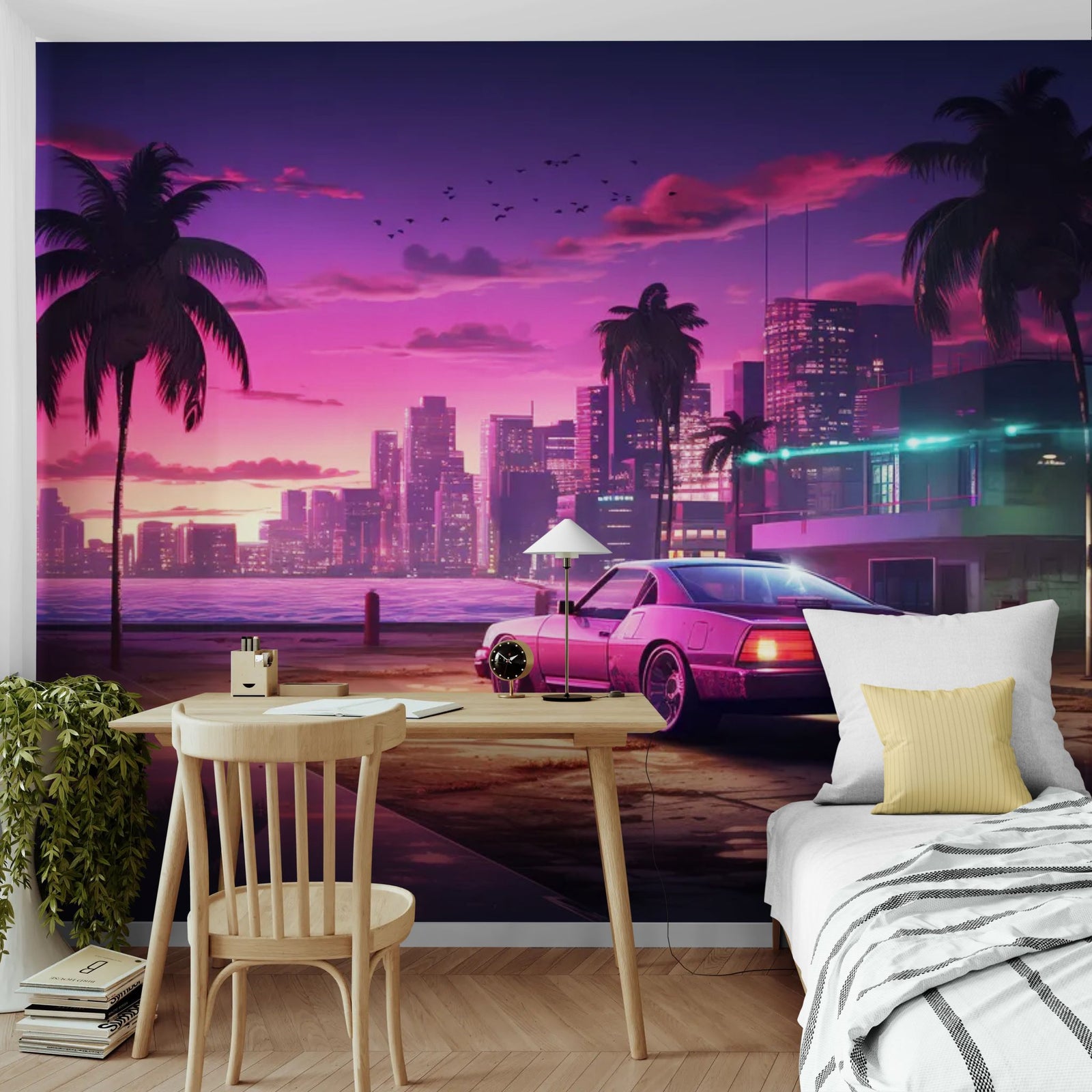 Papier Peint Ville Rétro - Voiture Néon Bord de Mer