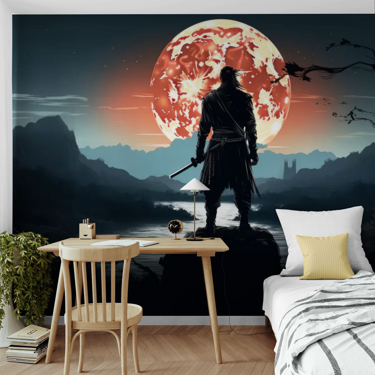 Papier peint samouraï - Guerrier face à la lune rouge