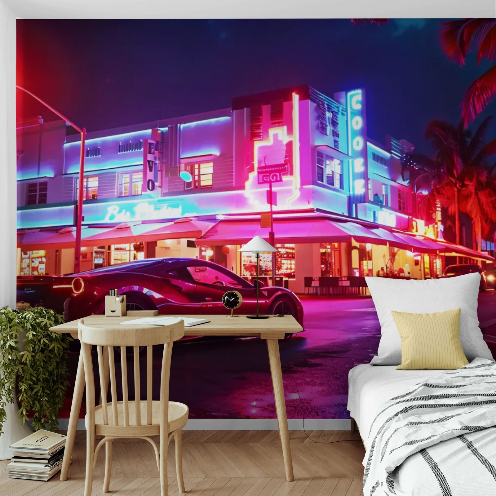 Papier Peint Miami - Supercar Néon Art Deco