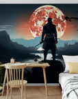 Papier Peint Samouraï - Guerrier face à la Lune Rouge
