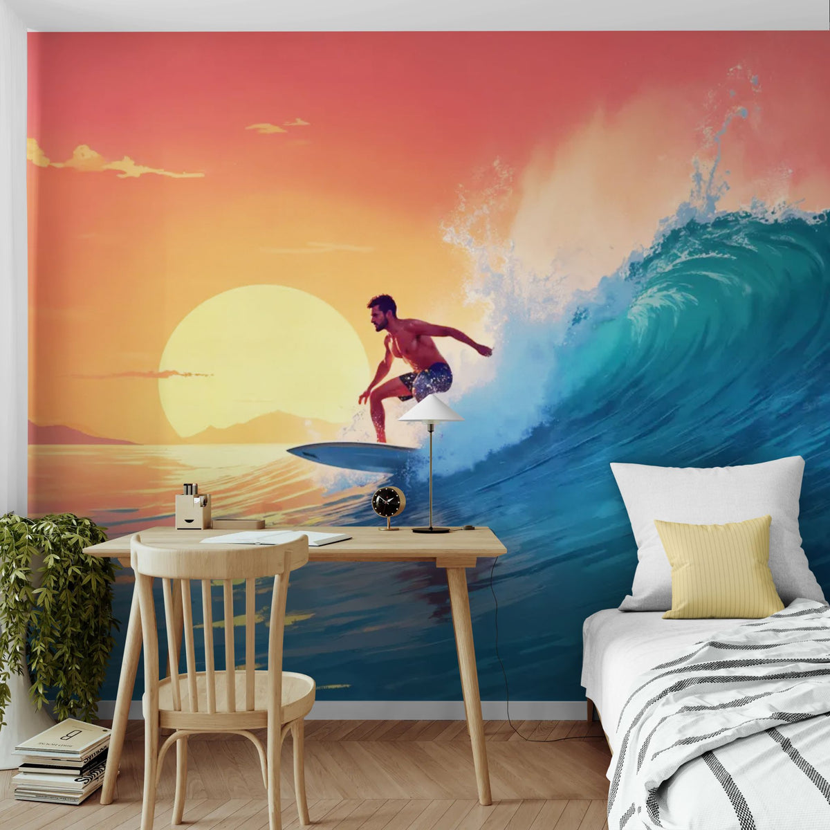 Surf-Tapete - Surfer auf einer Welle bei Sonnenuntergang