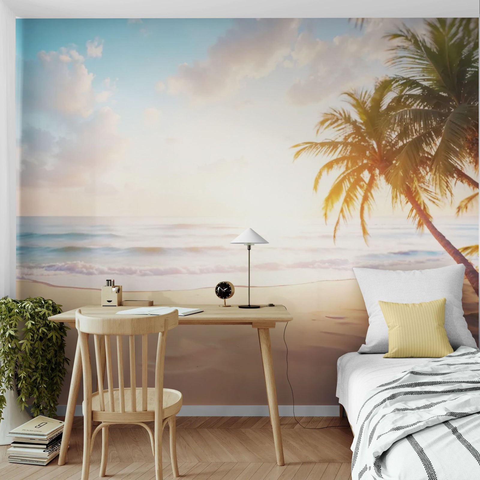 Papier Peint Plage - Aube Sable Blanc & Cocotiers