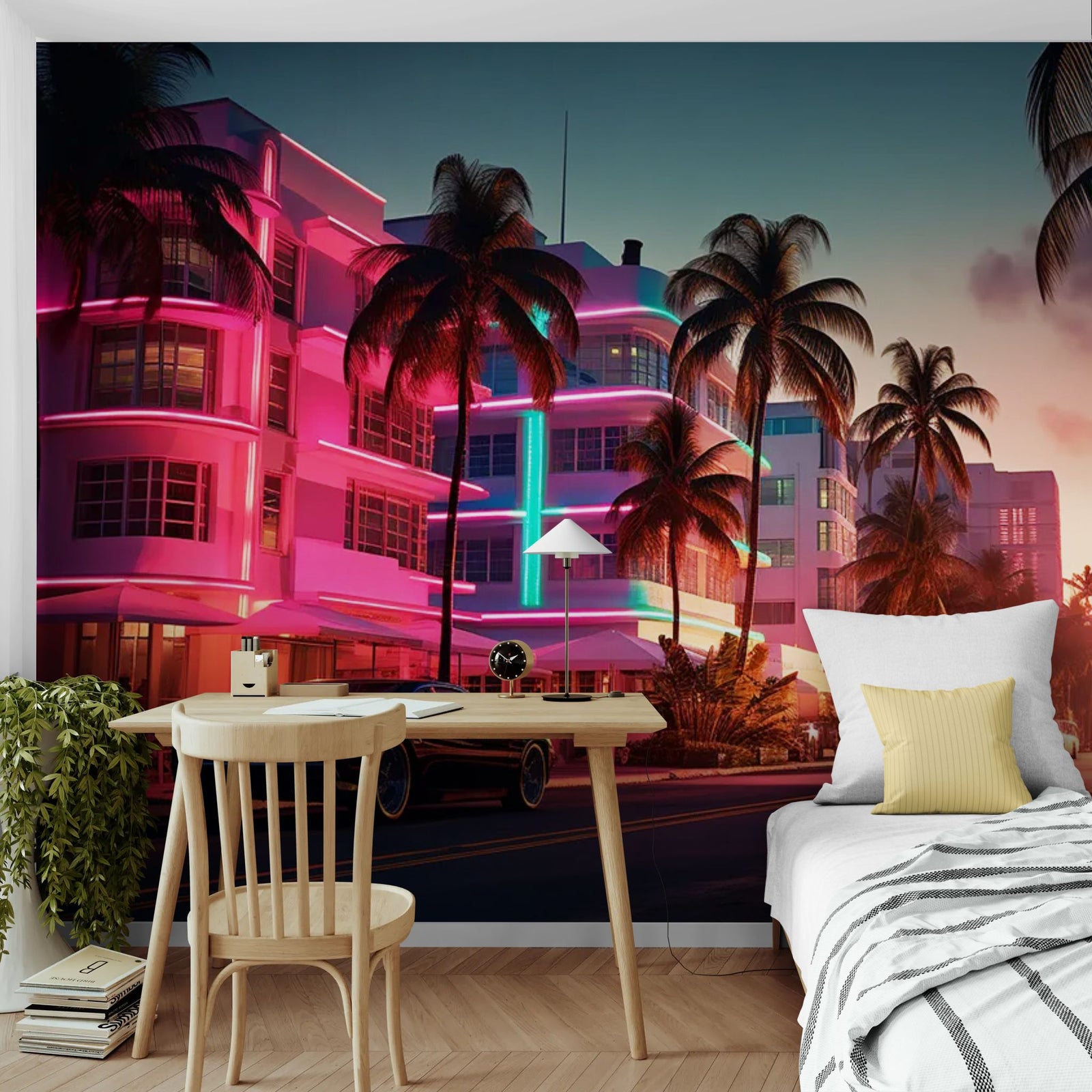 Papier Peint Miami Sunset - Ocean Drive Rétro Néon