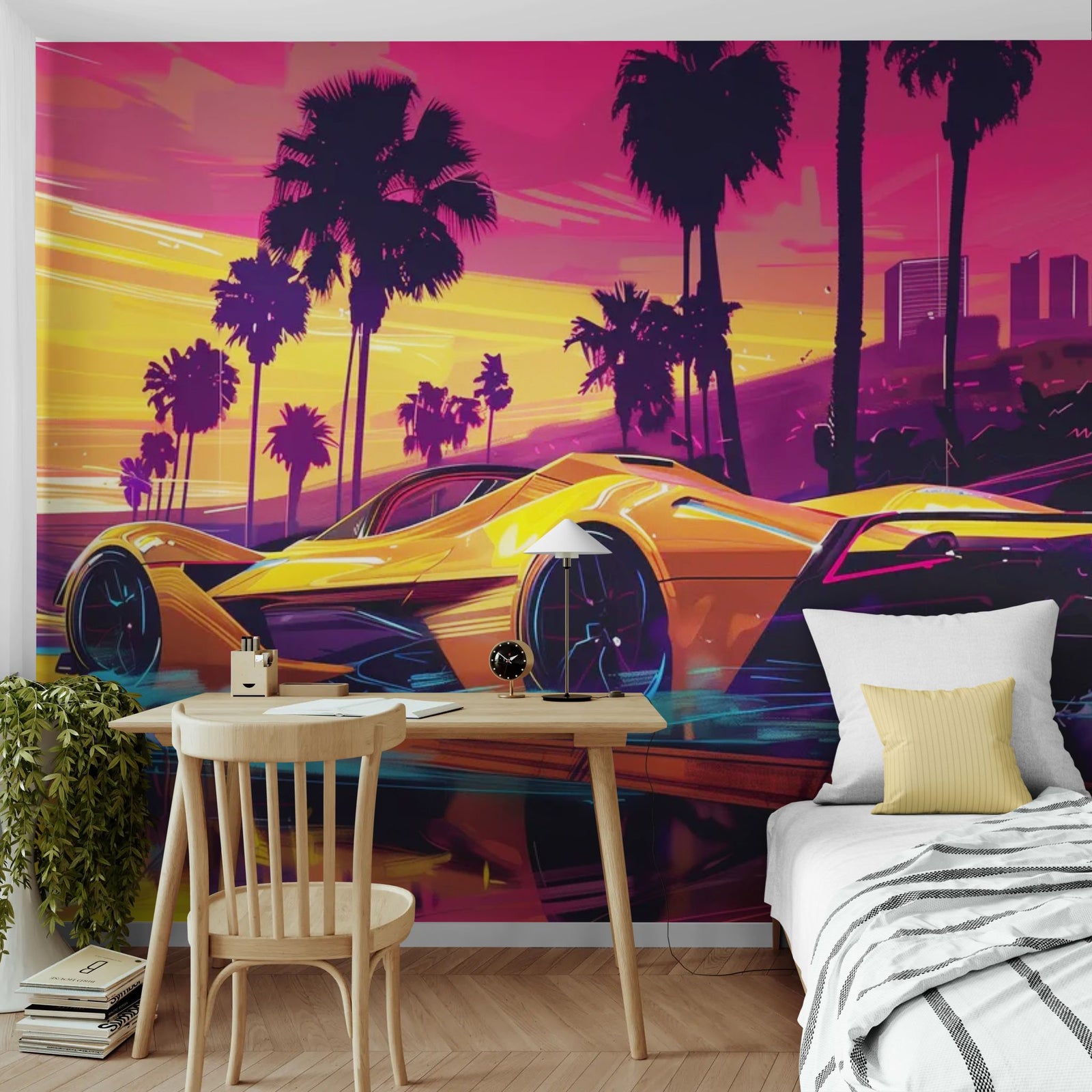 Papier Peint Rétro - Supercar Sunset Néon