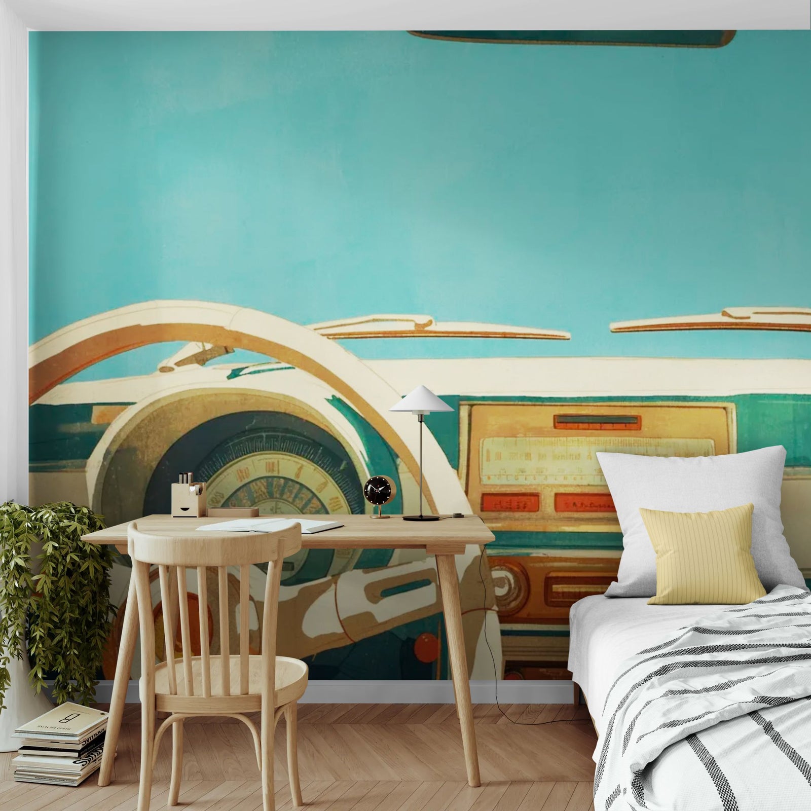 Papier Peint Vintage Voiture - Dashboard Rétro Bleu