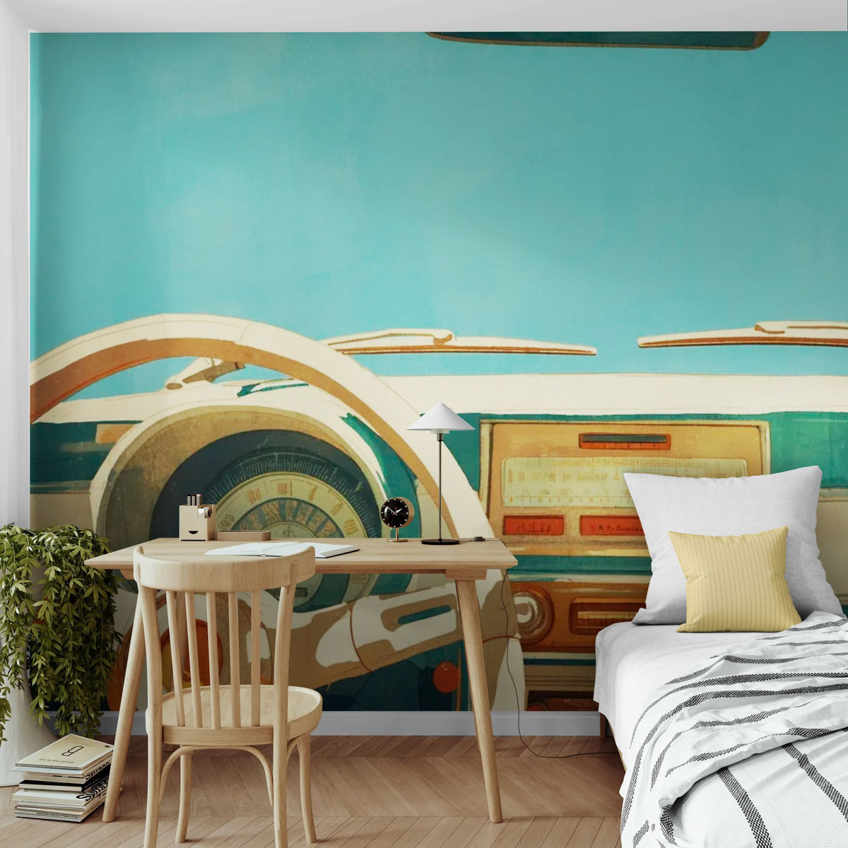 Behang met oldtimers - Blauw retro dashboard