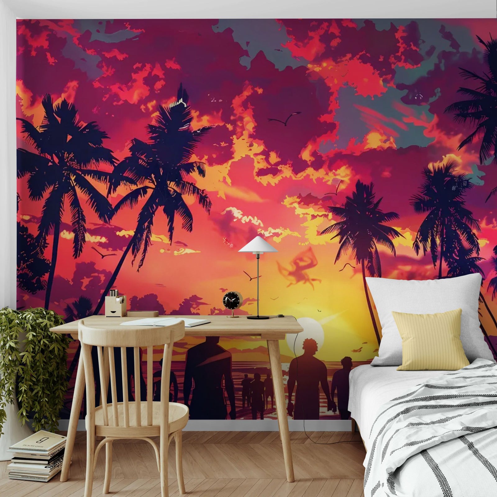 Papier Peint Pop Art Tropical - Sunset Palmiers Silhouettes