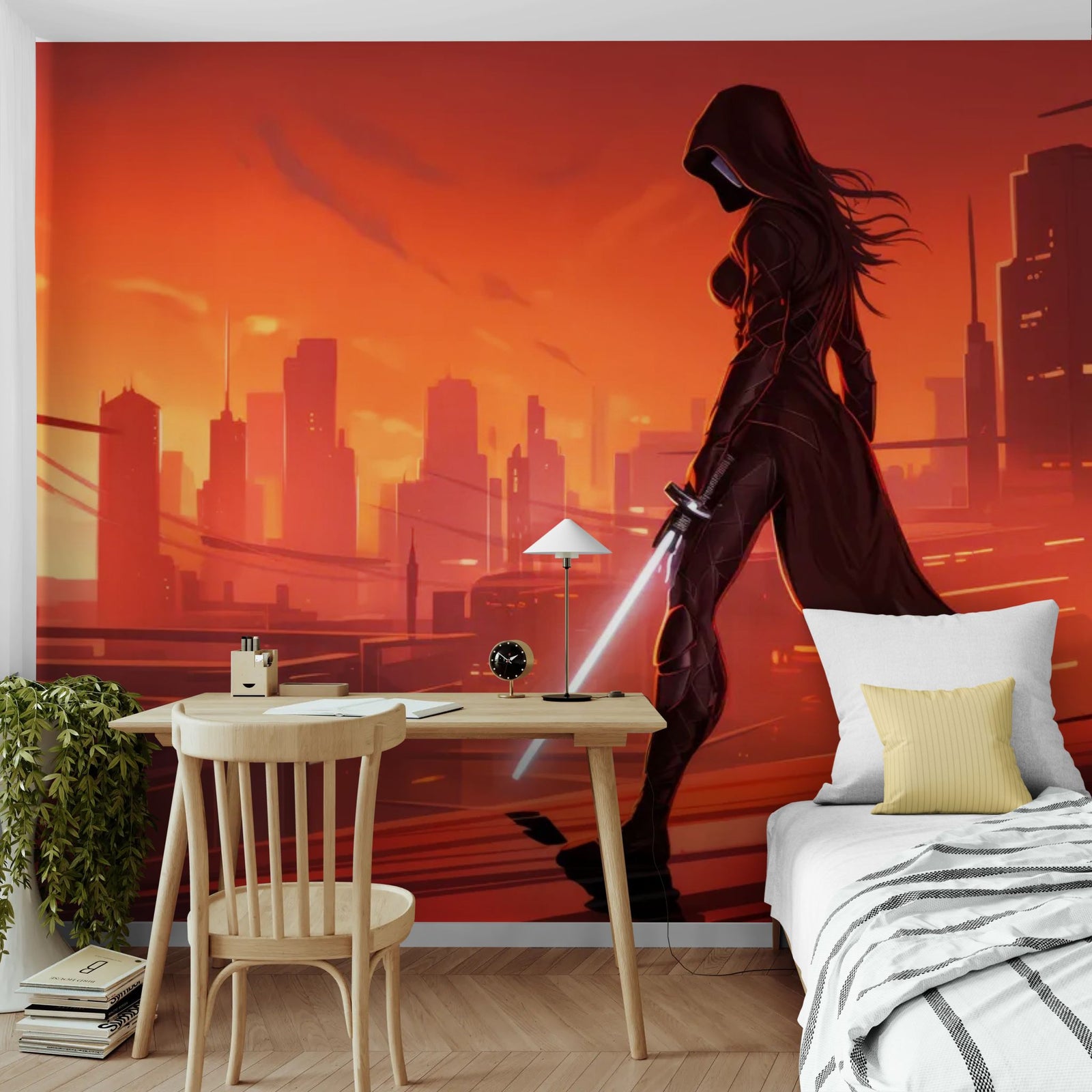 Papier Peint Cyberpunk - Ninja sur Ville Futuriste