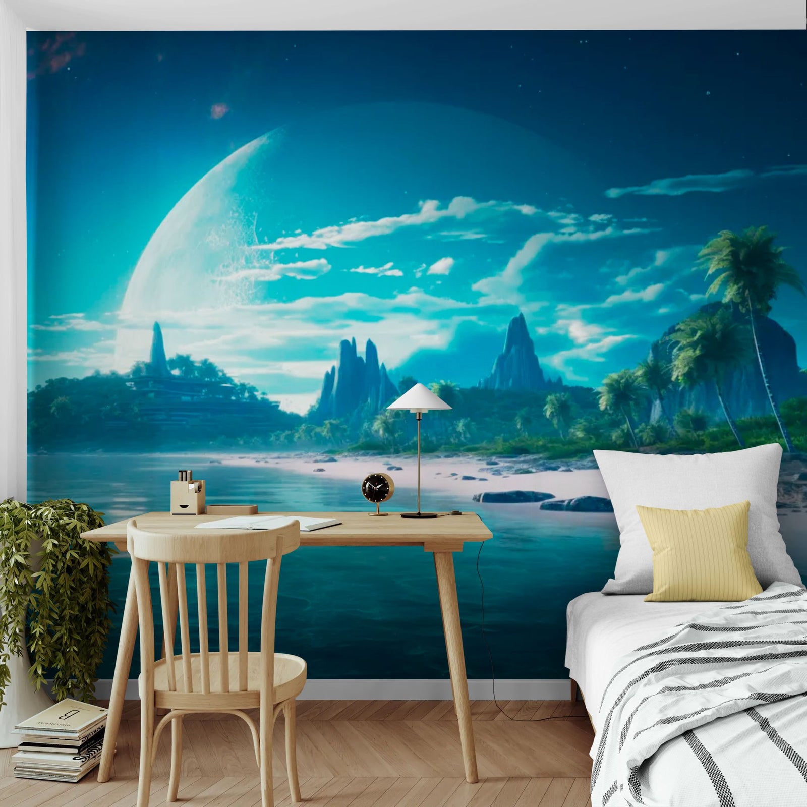 Papier Peint Futuriste - Plage Exoplanète & Lune Géante