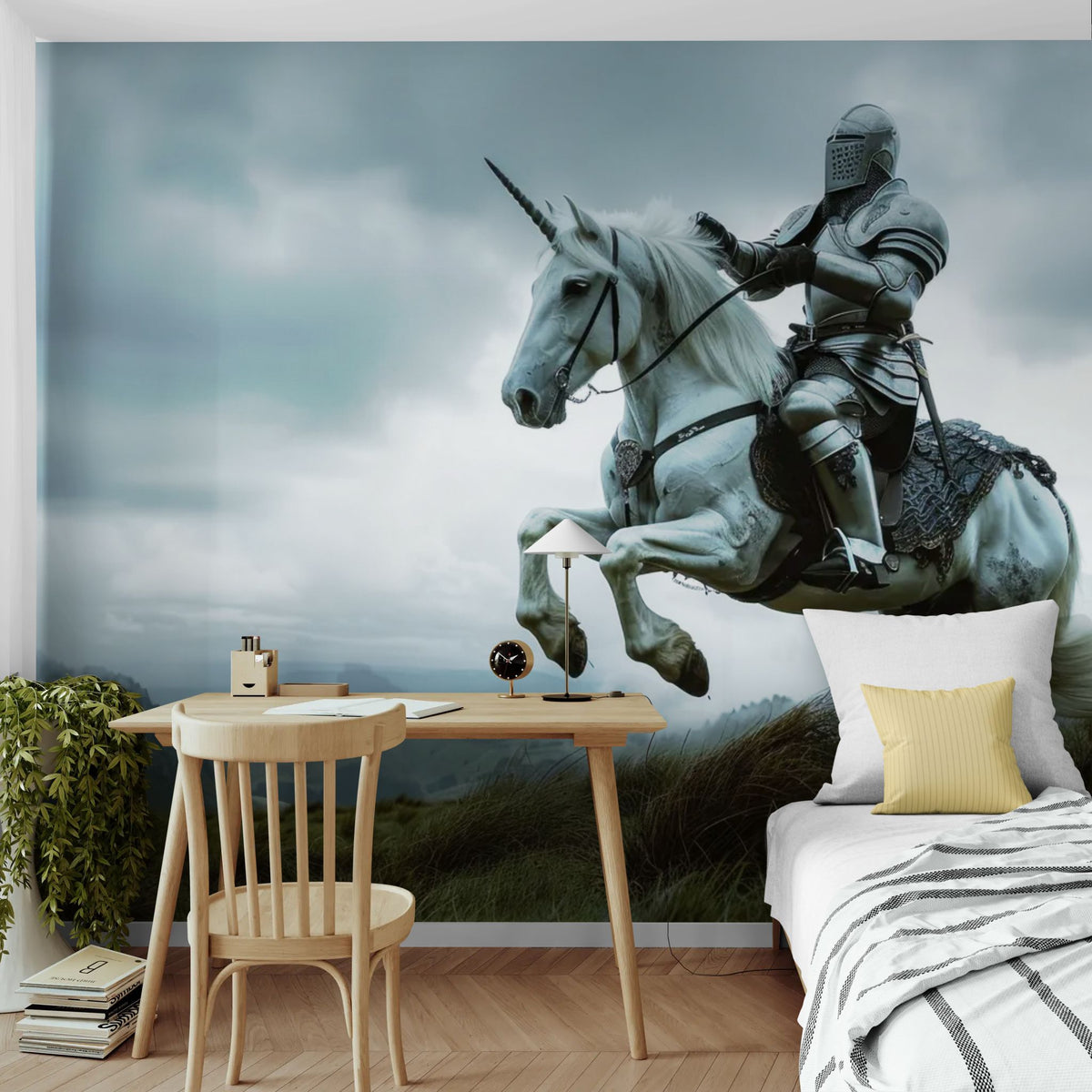 Fantastische Tapete - Ritter auf einem weißen Einhorn